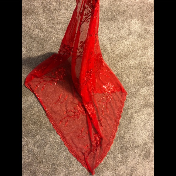 Embroidered Embellished Sequins  Paillettes Scarf Shawl 40,5 x40,5 Chic red mesh - Picture 11 of 13